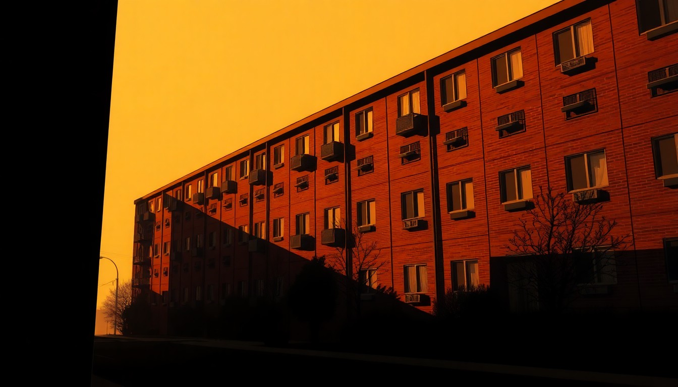 A serene, nostalgic painting of a residential neighborhood in warm tones, with deep shadows and a sense of isolation, conceptually representing the ongoing struggle over fair housing rights.