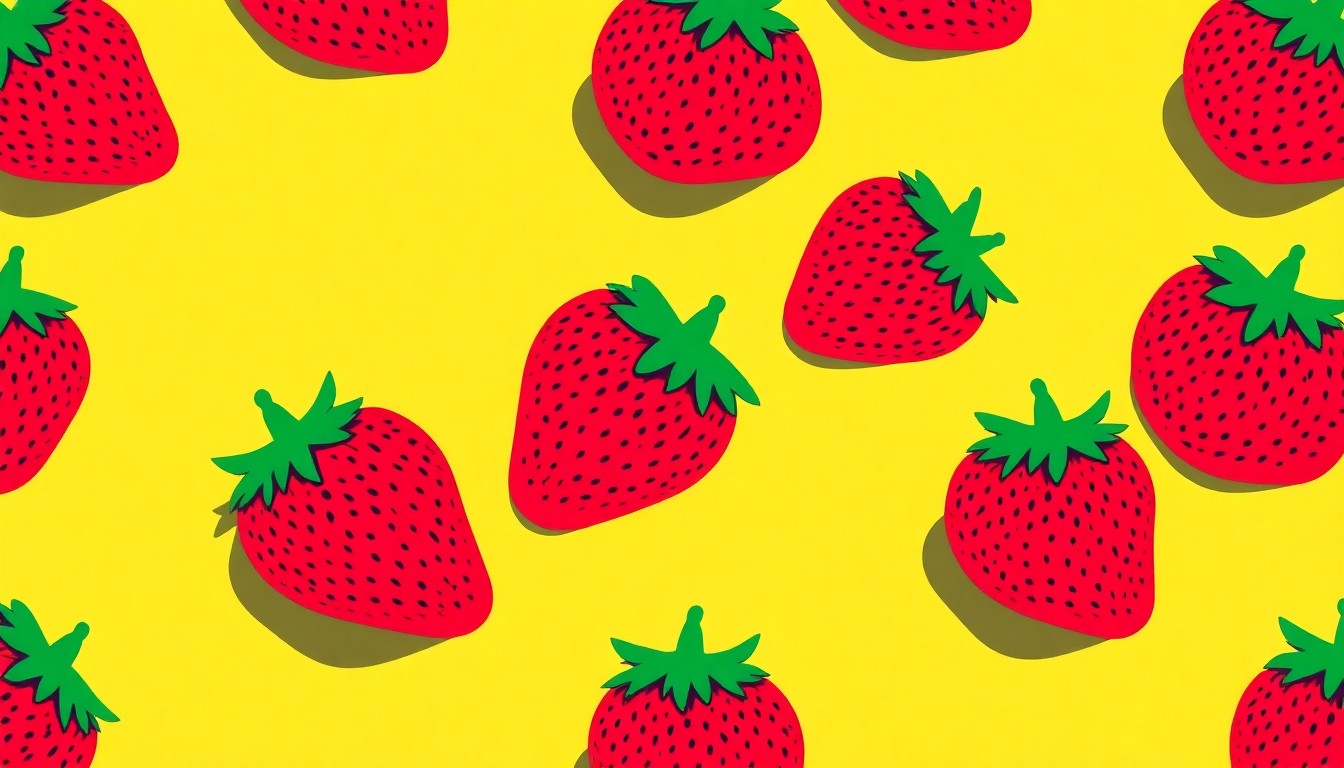 A bold, graphic illustration of a single strawberry repeated in a grid pattern, rendered in a high-contrast, silkscreen pop art style with vibrant neon colors and heavy black outlines, conceptually representing the energy and excitement of Gurosik's Berry Plantation's early strawberry season opening.