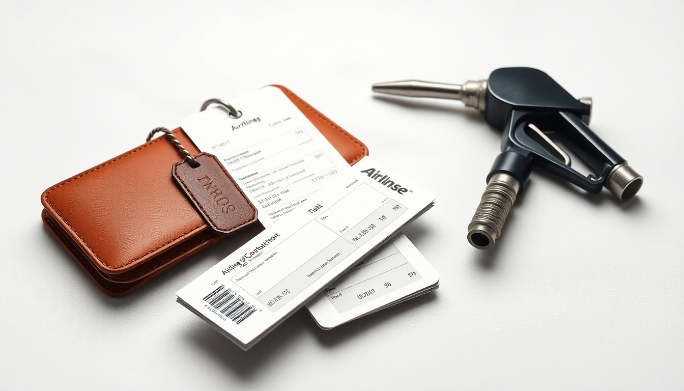 A minimalist studio still life photograph featuring a stack of airline boarding passes, luggage tags, and a fuel pump nozzle arranged on a clean white background, conceptually representing the financial pressures facing the airline industry due to increasing fuel costs.