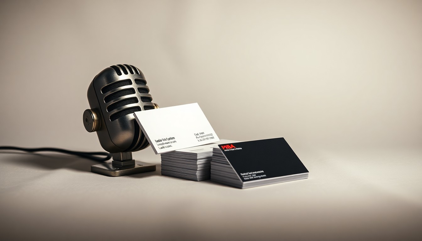 A photorealistic studio still life featuring a vintage radio microphone and a small stack of radio station business cards, symbolizing the corporate changes behind job losses at local radio stations.