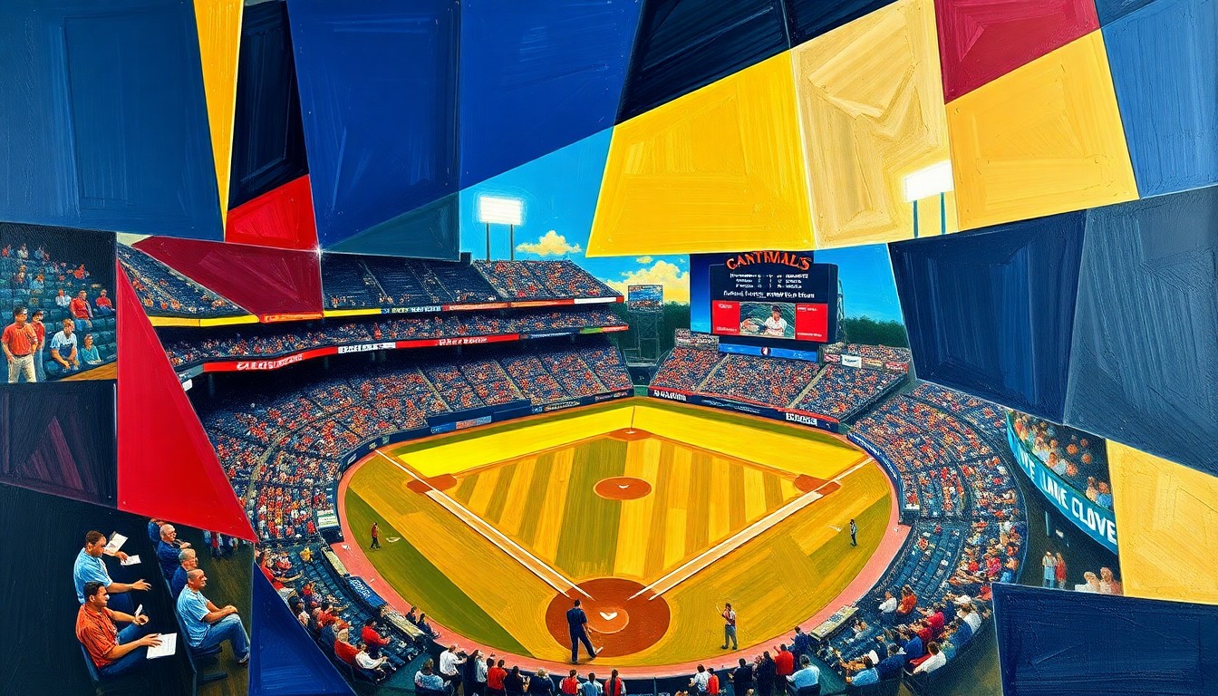 A fragmented, geometric painting in bold blues, golds, and reds, depicting the chaotic action of a baseball game's climactic final plays without any identifiable players or logos.