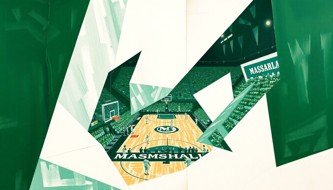 A cubist, geometric painting depicting a Marshall University basketball game, with the court and players broken down into overlapping, angular shapes in the school's green and white colors.