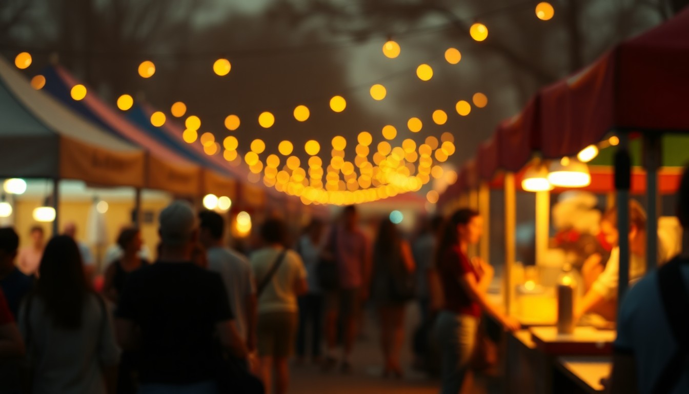 An abstract, impressionistic photograph in soft, warm tones depicting the blurred silhouettes of people, tents, and string lights at an outdoor food festival, conveying the celebratory energy of the Muskogee Chili & BBQ Cook-Off.