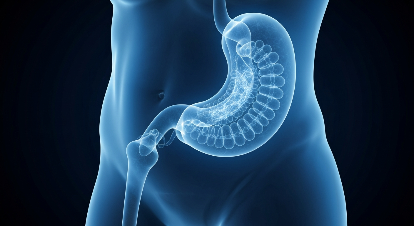 A highly detailed, translucent X-ray photograph showing the intricate internal structures of the human digestive system, rendered in a ghostly blue glow to conceptually represent the genetic mechanisms behind variable responses to GLP-1 medications.