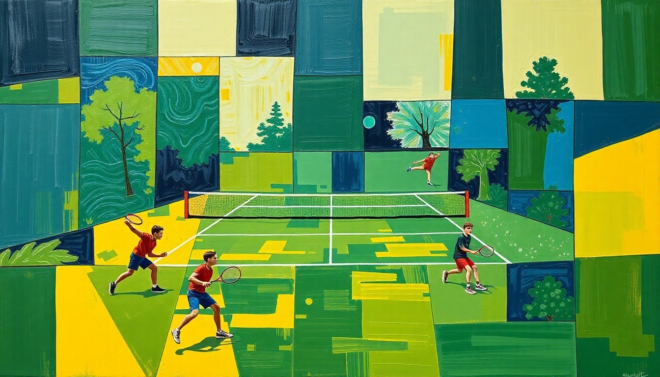 A cubist-style painting featuring sharp, overlapping geometric shapes in navy, green, and yellow, conveying the dynamic movement and energy of a high school tennis match.