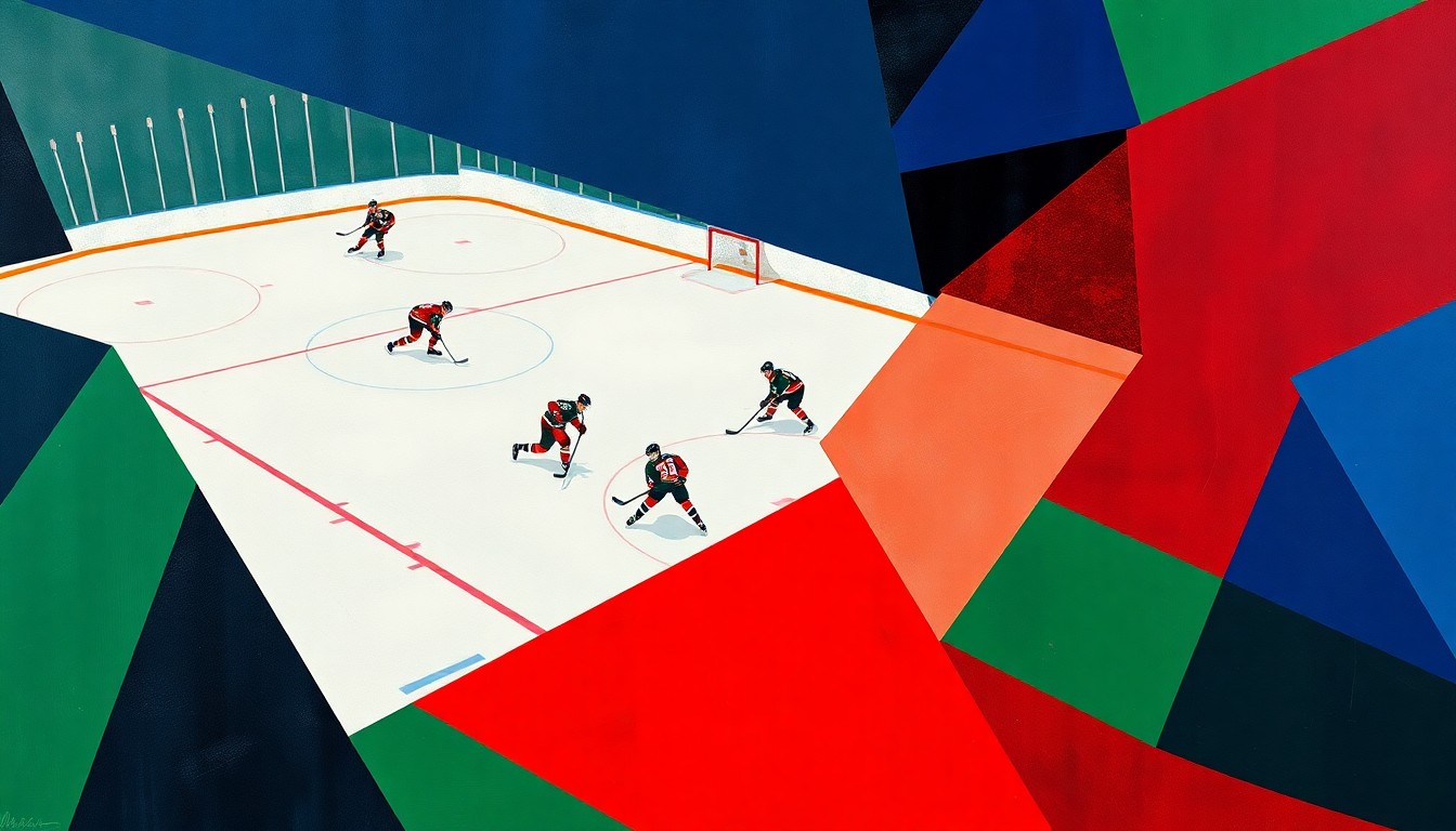 A cubist, geometric painting depicting a hockey game, with the players and ice broken down into sharp, overlapping shapes in a vibrant color palette, capturing the raw energy and intensity of the Frozen Four semifinal.