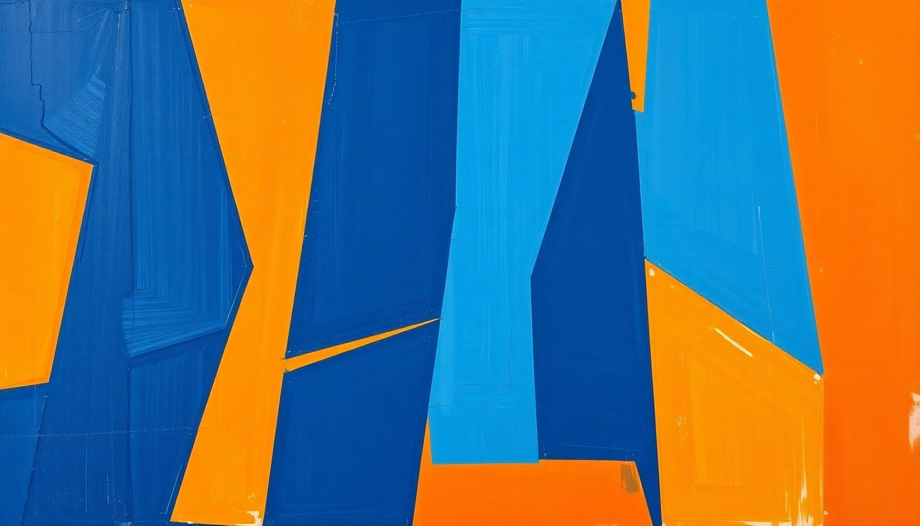 A cubist, geometric painting depicting fragmented, overlapping shapes and planes in shades of blue and orange, conceptually representing the dynamic defensive play of a WNBA basketball game.