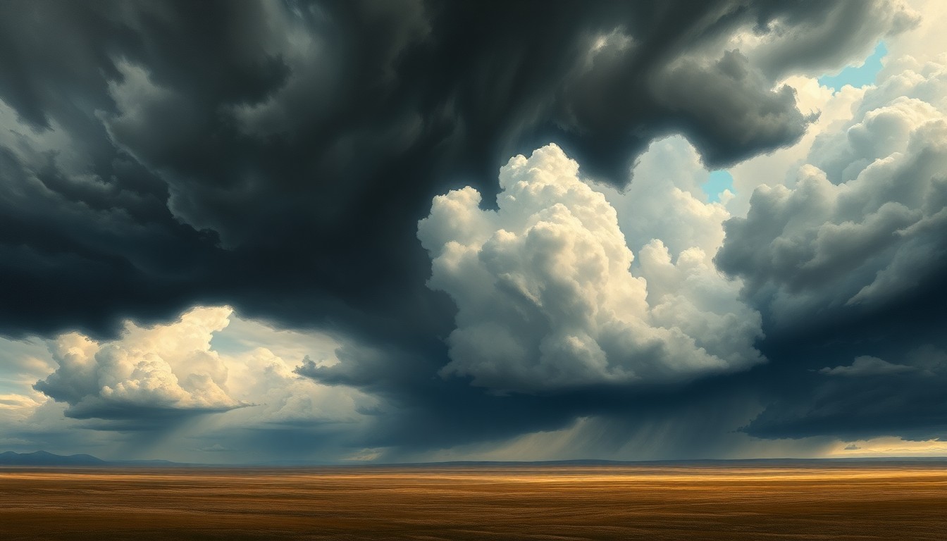 A vast, atmospheric landscape painting depicting a sweeping, dramatic sky filled with dark, roiling storm clouds over a flat, desolate horizon, conveying the overwhelming scale and power of the impending severe weather.
