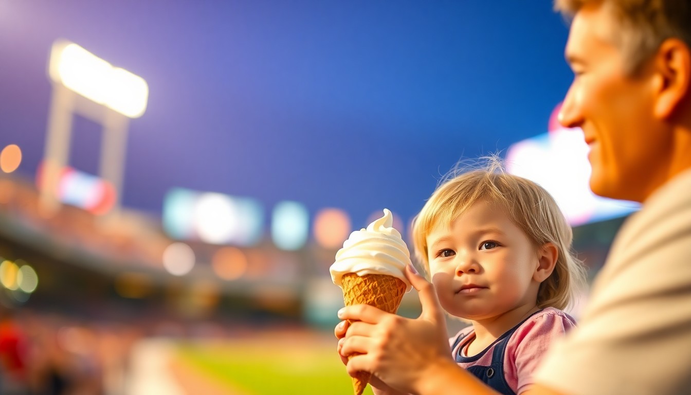 An extremely abstracted, out-of-focus photograph of a parent and child sharing an ice cream cone at a baseball game, with the background blurred into warm, colorful pools of light, conceptually representing the emotional complexity of modern parenting in the age of social media.