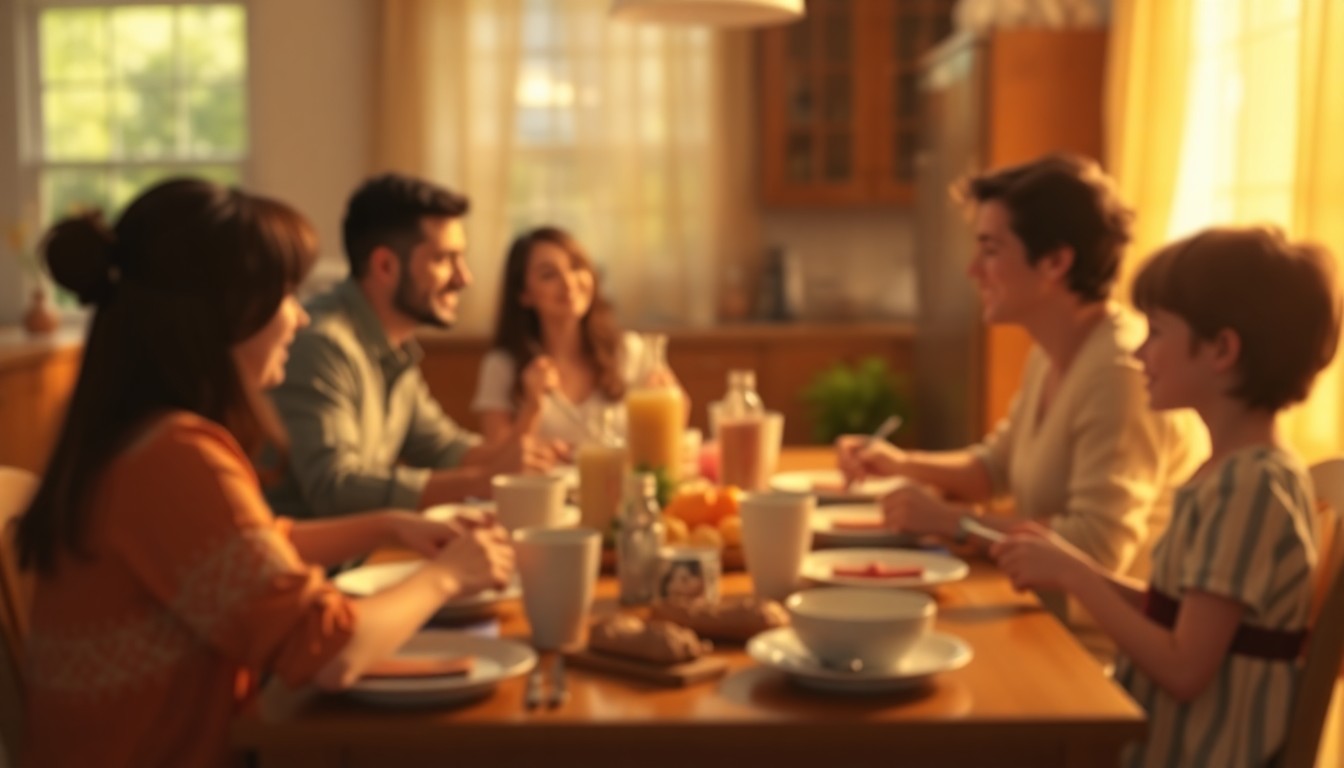 An out-of-focus, warm-toned photograph depicting a family sitting around a kitchen table, sharing a meal together. The details are blurred, creating a sense of intimacy and comfort.