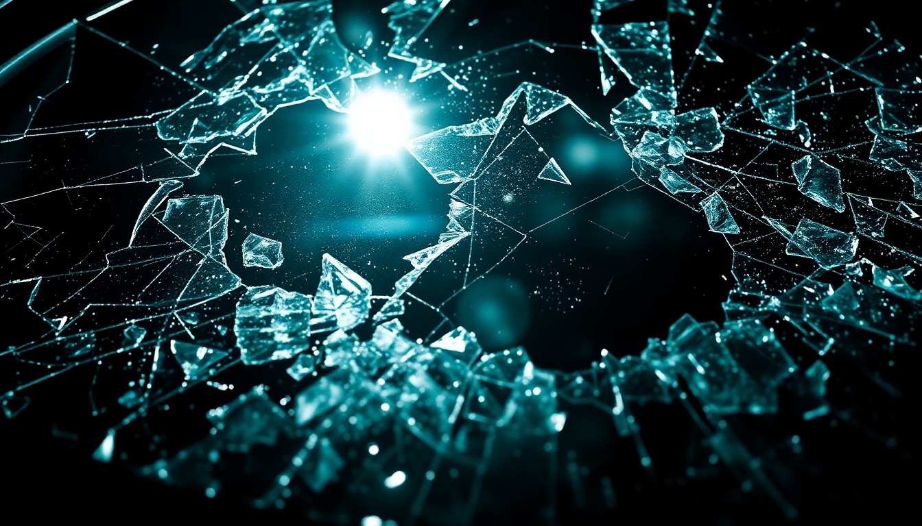 An extreme close-up of a shattered car windshield reflecting the harsh glare of a camera flash, conceptually representing the violent impact of a traffic collision.