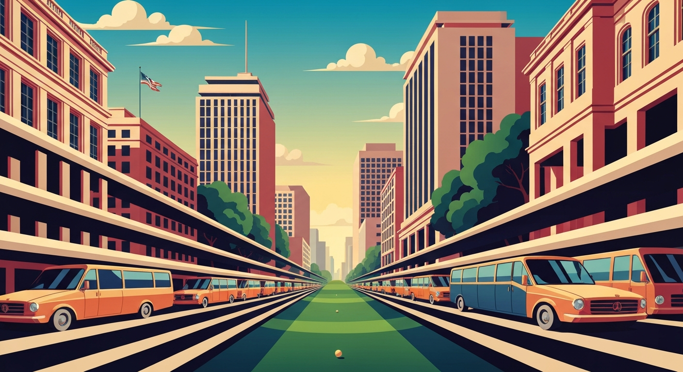 A highly stylized, geometric illustration depicting the grand scale and transportation challenges of the Masters golf tournament in Augusta, Georgia, with sweeping airbrushed gradients, towering forced perspectives, and sleek, streamlined forms.