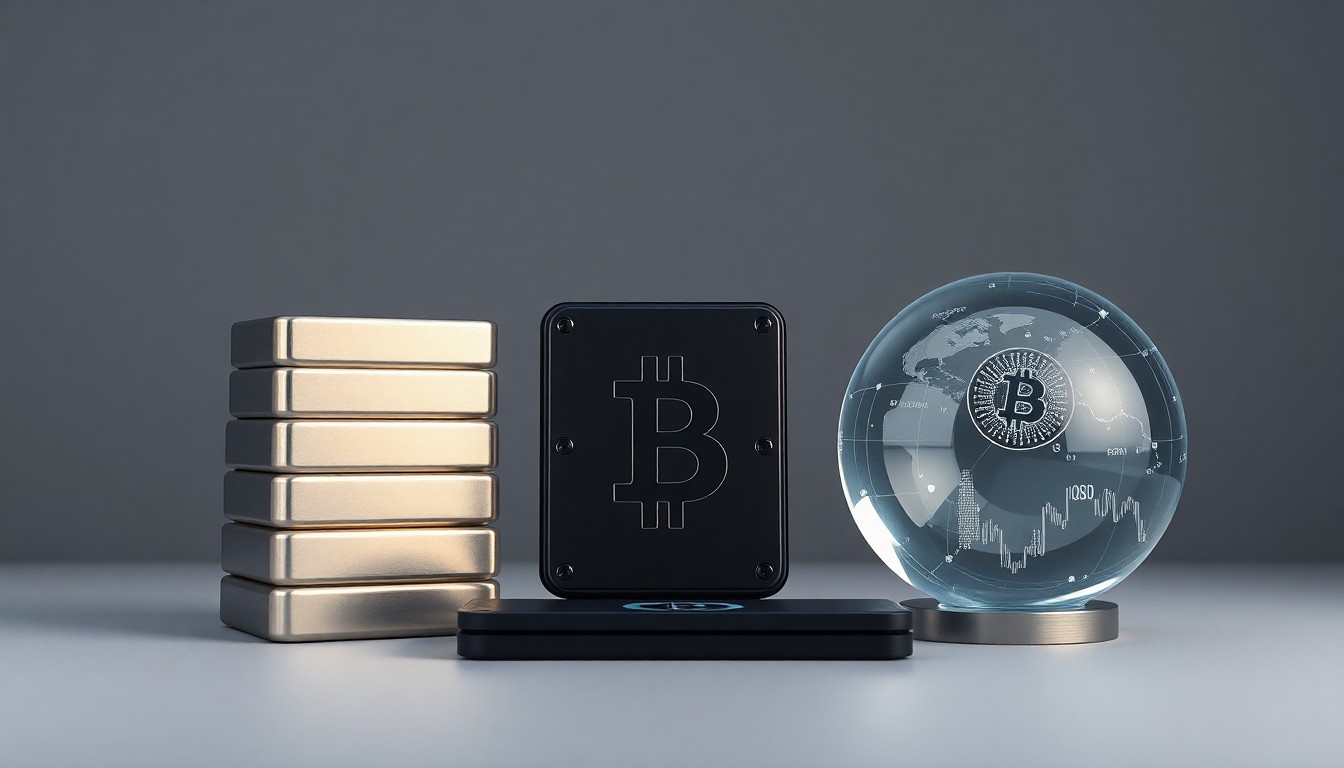 A minimalist, photorealistic studio still life featuring polished metal data storage cubes, a sleek black blockchain device, and a transparent glass data visualization sphere, symbolizing the abstract concepts of data valuation, asset tokenization, and AI-powered fintech.