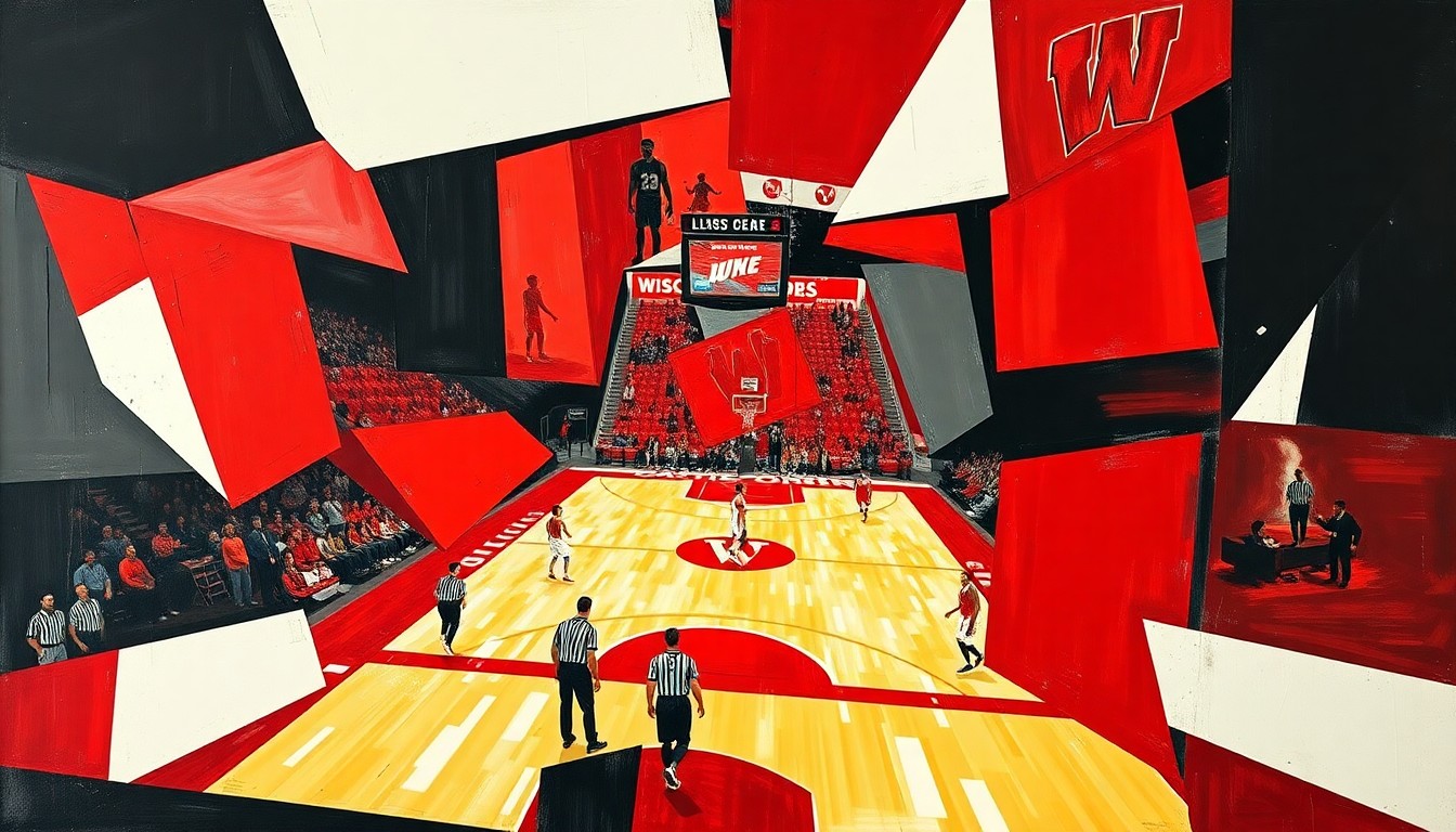 A fragmented, geometric painting in the red, white, and black colors of the Wisconsin Badgers, conceptually representing the complex challenges facing college sports programs as they adapt to new player compensation rules.