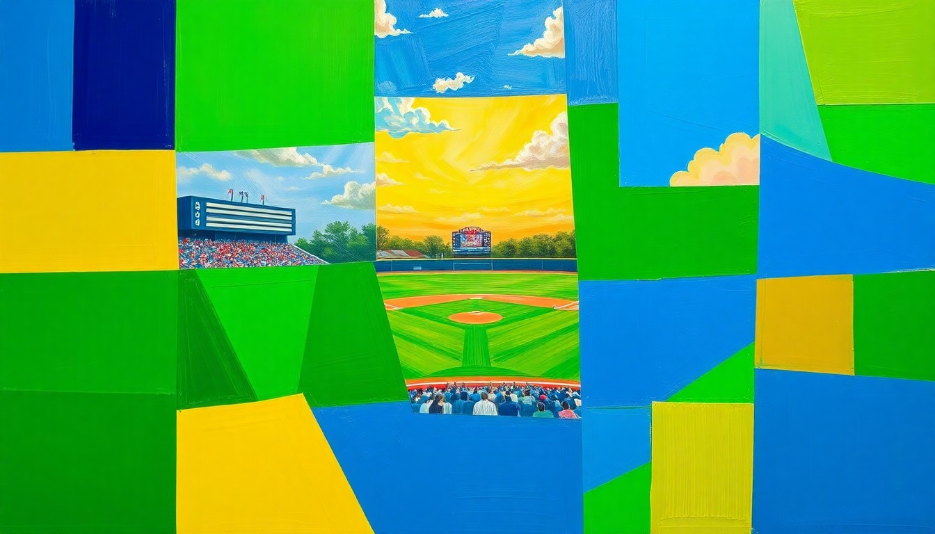 A fragmented, geometric painting depicting the dynamic motion and energy of a high school softball game, with sharp planes of color representing the players, field, and equipment.