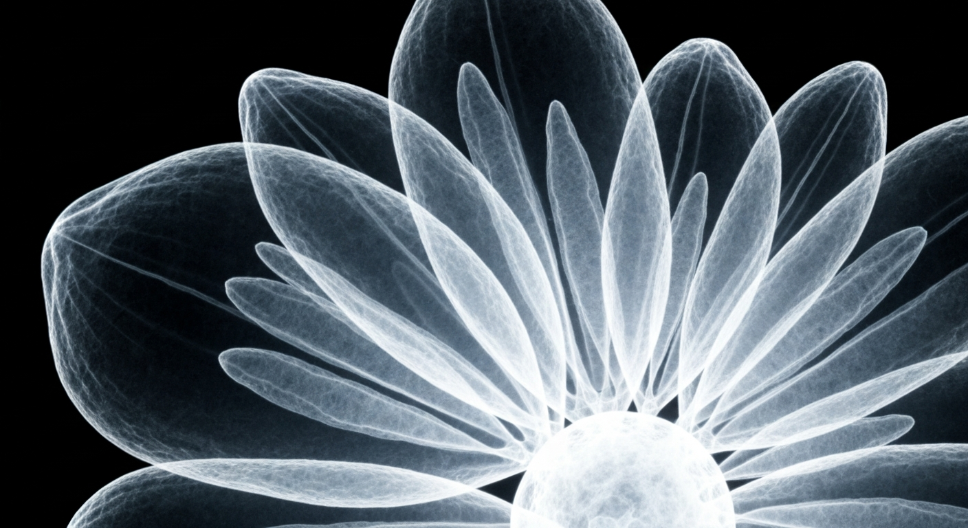 An extreme close-up, translucent X-ray photograph of a cluster of pollen grains, revealing their delicate internal structures as glowing, ethereal lines against a dark background, conceptually illustrating the unseen allergens affecting residents.