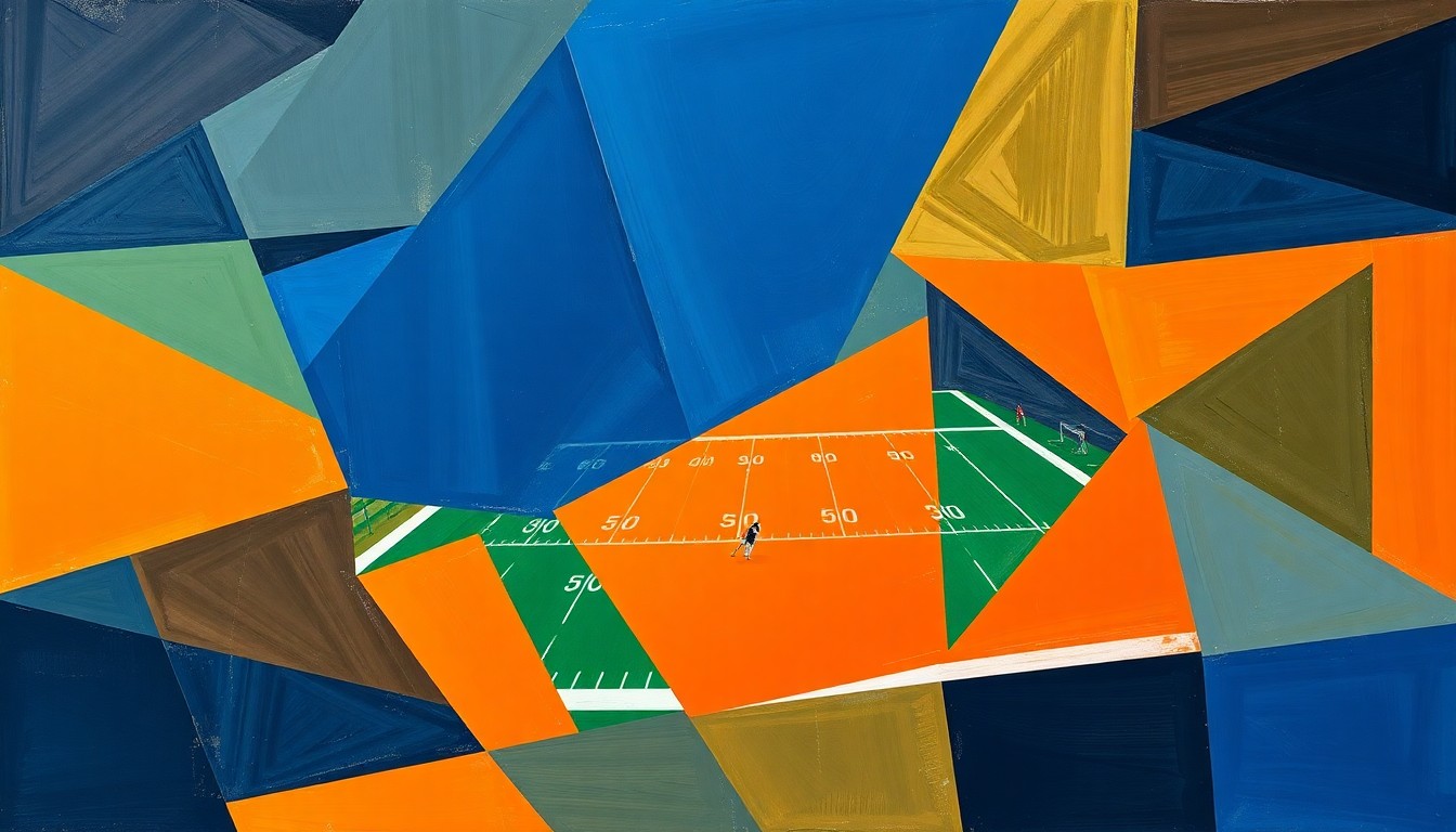 A fragmented, geometric painting depicting the dynamic action and competing perspectives of a college football game, rendered in a cubist style with bold navy, orange, and green hues.