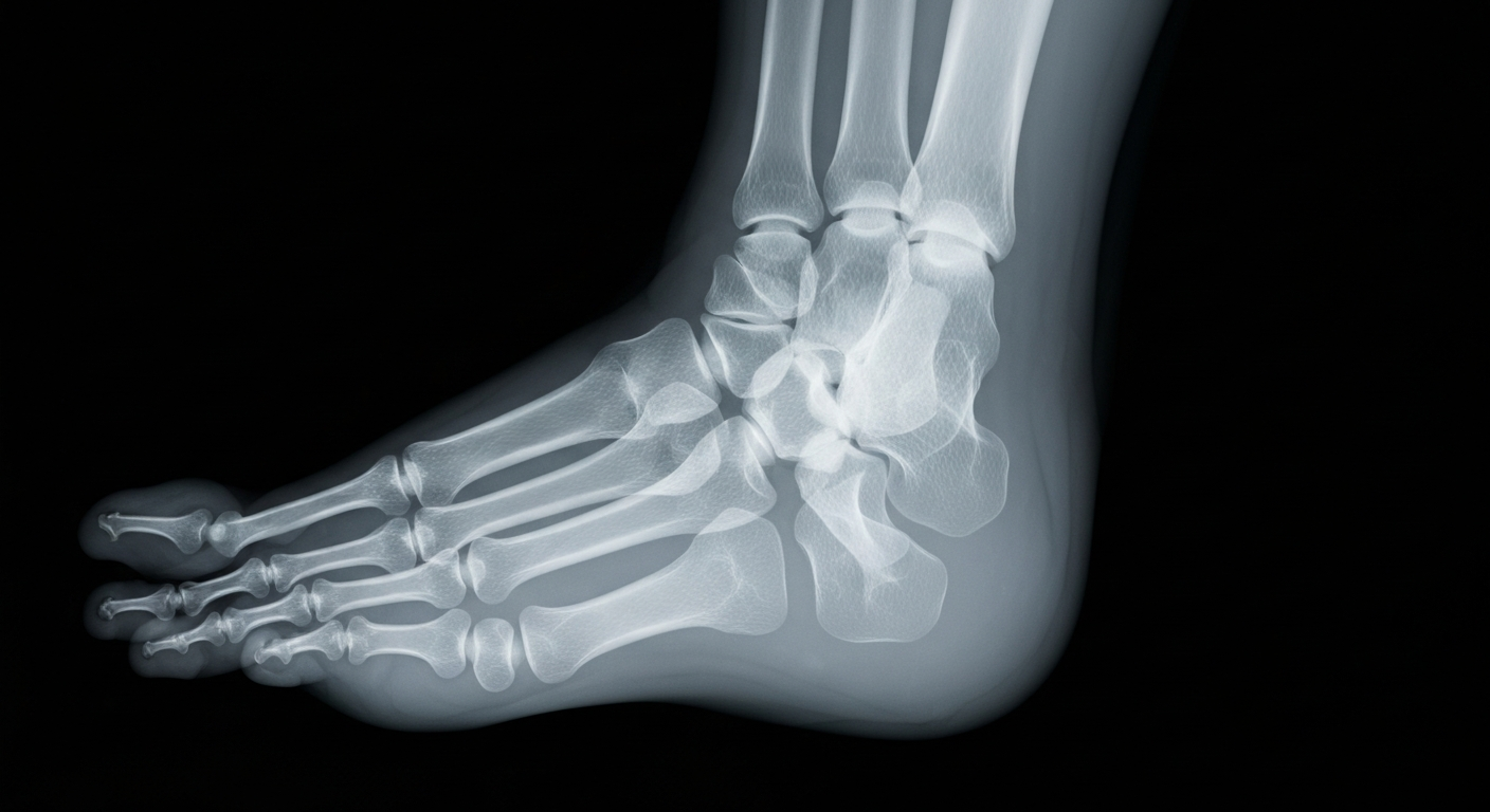 A highly detailed, ghostly X-ray photograph showing the intricate bone and tissue structure of a human foot, conveying the clinical and anatomical focus of SerenaGroup's wound care consulting services.