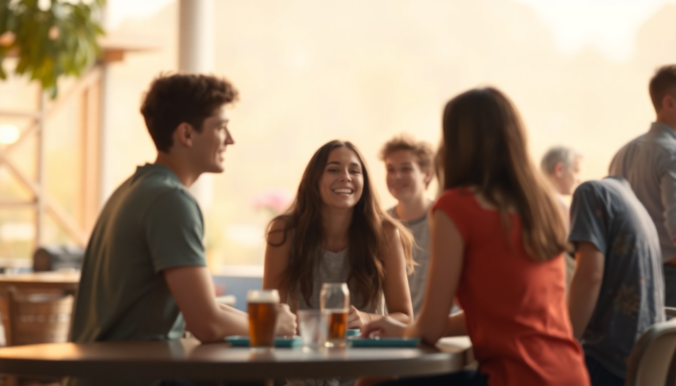 A softly blurred, warm-toned photograph of a group of teenagers gathered around a table, engaged in conversation and laughter, with the background out of focus in a hazy, dreamlike manner, conceptually representing the community-focused nature of the library's new teen program.