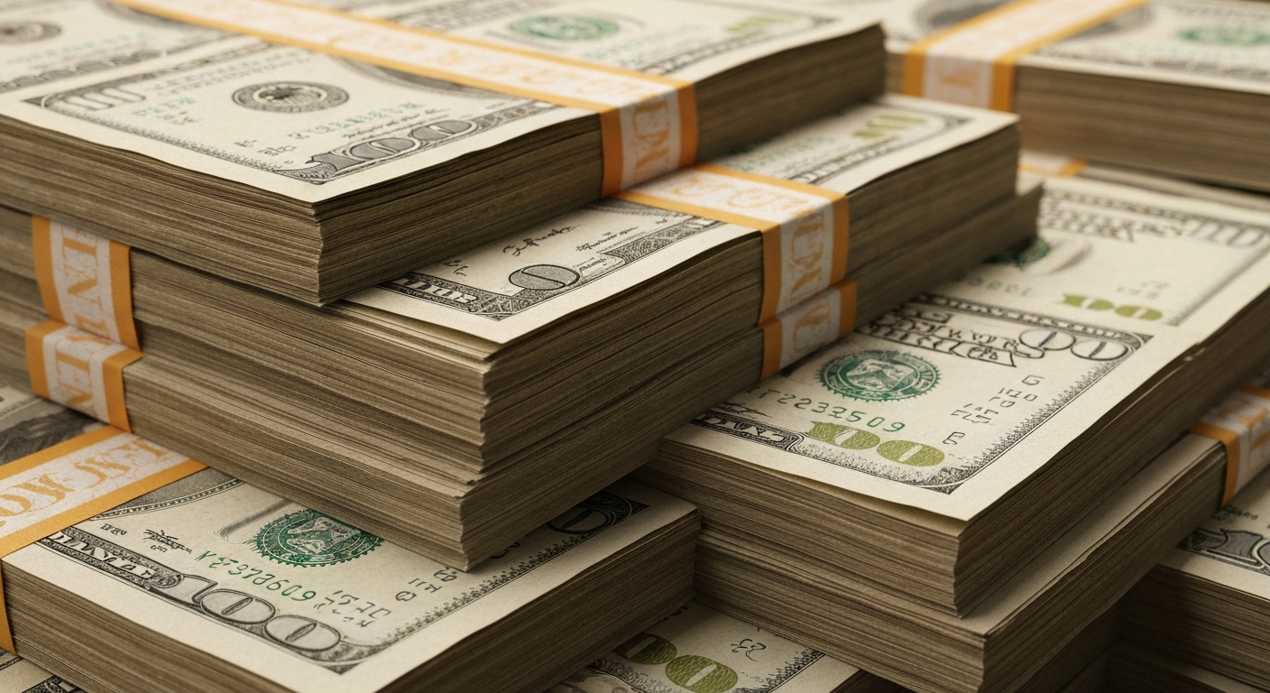 An extreme close-up of stacks of worn U.S. dollar bills, representing the tangible wealth and financial security of a major banking institution.