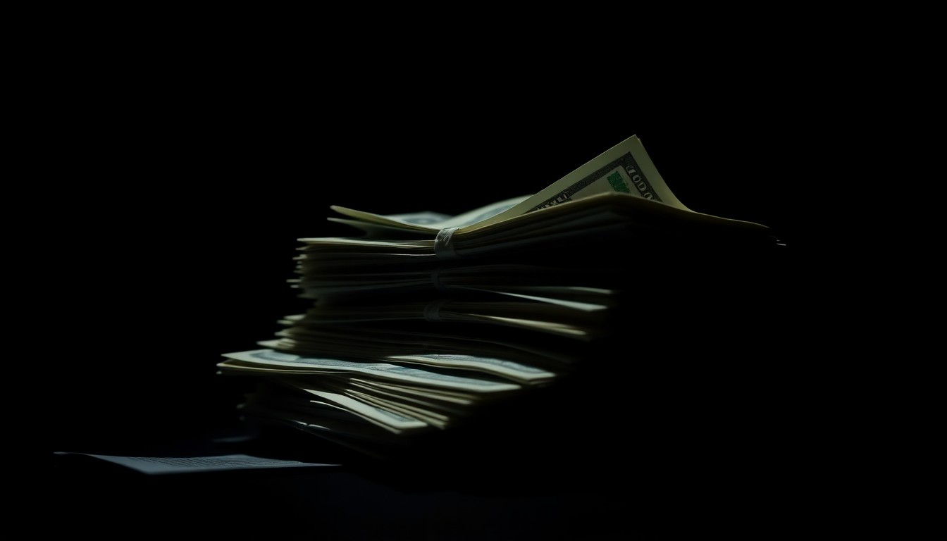 An extreme close-up photograph of crumpled cash and financial documents, conceptually illustrating the embezzlement of state funds.