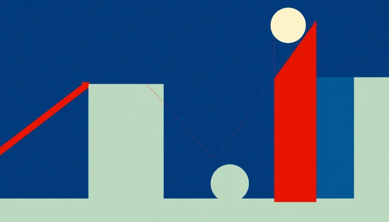 A vibrant abstract illustration using bold geometric shapes and primary colors to conceptually represent the economic forces impacting the US dollar.