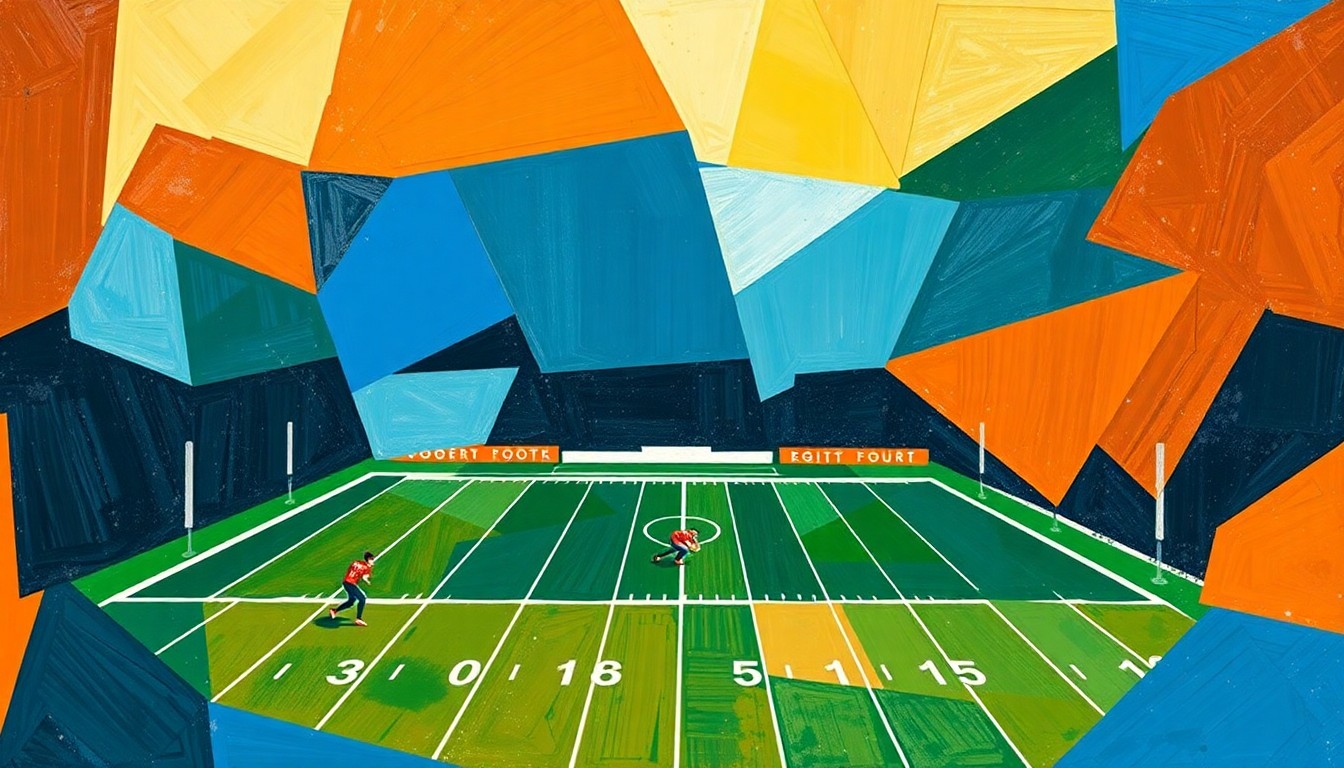 A cubist, geometric illustration depicting a high school football game broken down into overlapping planes of color, capturing the dynamic energy and strategic complexity of the sport.