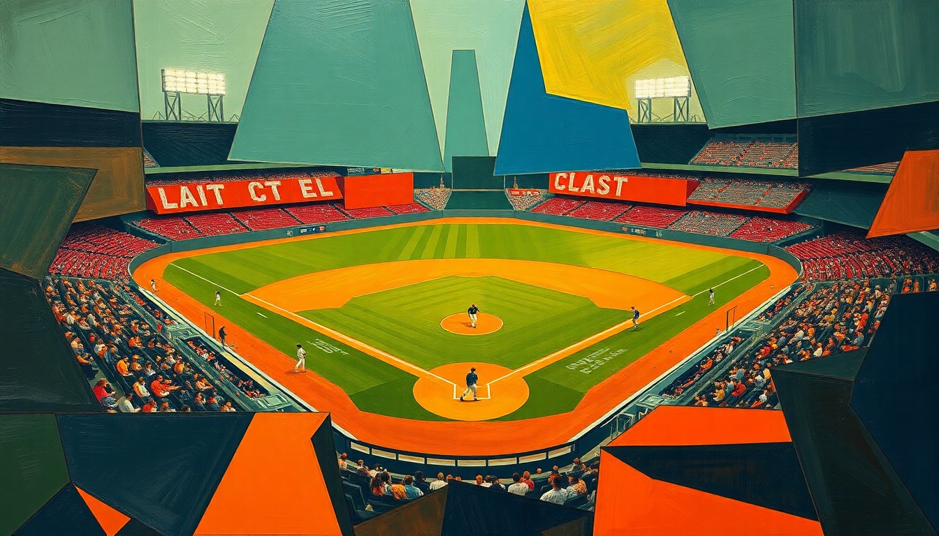 A fractured, cubist-style painting depicting a high school baseball game, with the players, field, and stadium broken down into sharp, overlapping geometric shapes in earthy green, orange, and blue tones, conveying the chaotic energy of the game.