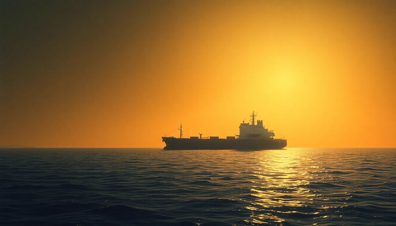 A serene, photorealistic painting of a cargo ship sailing through the Strait of Hormuz, with warm sunlight and deep shadows creating a contemplative, cinematic mood.