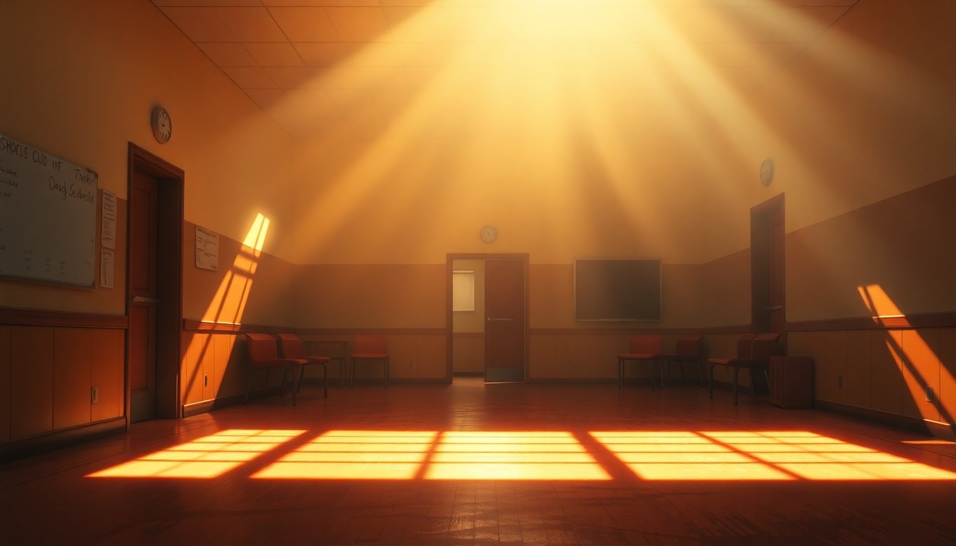 A softly lit, cinematic painting of an empty school hallway or classroom, with warm sunlight streaming through the windows and creating deep shadows, conveying a sense of nostalgia and the importance of public education.