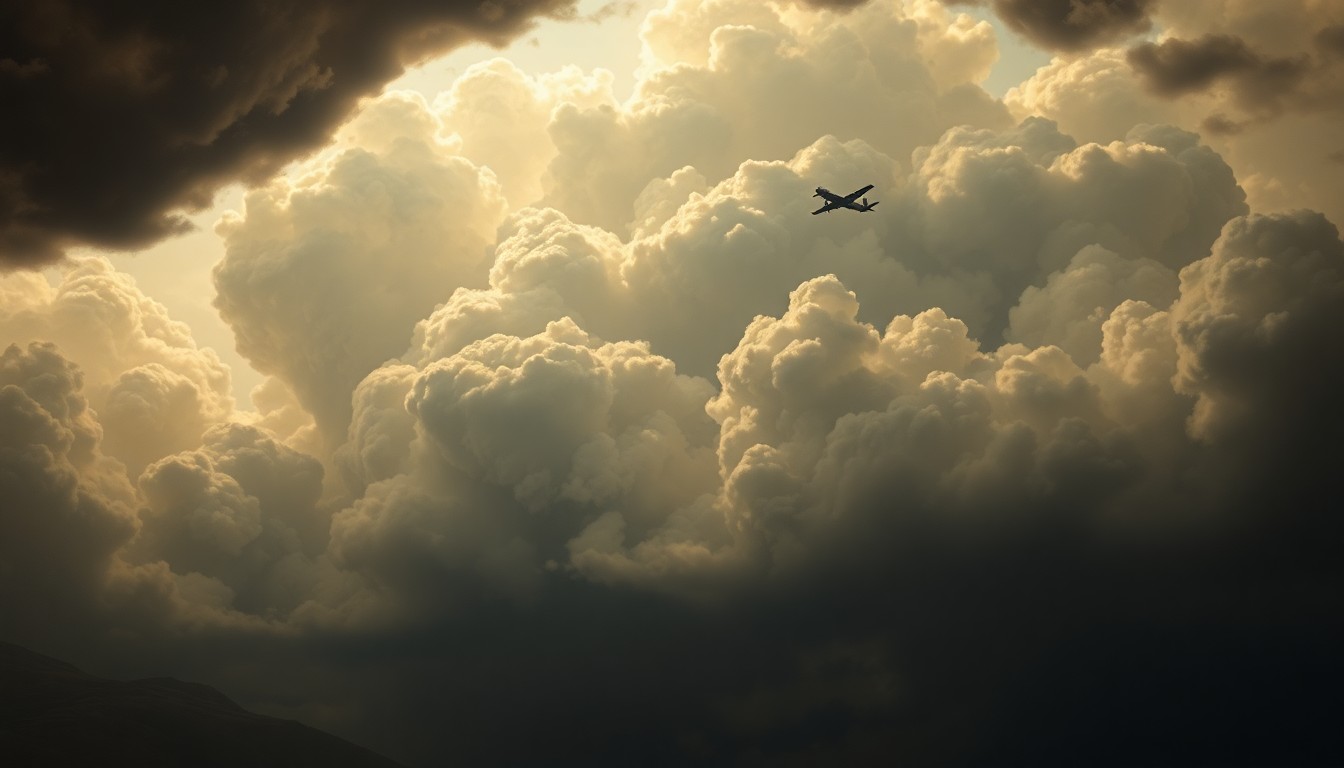 A dramatic landscape painting in the style of Caspar David Friedrich, with silhouetted airplanes dwarfed by a massive, turbulent storm system filling the sky.