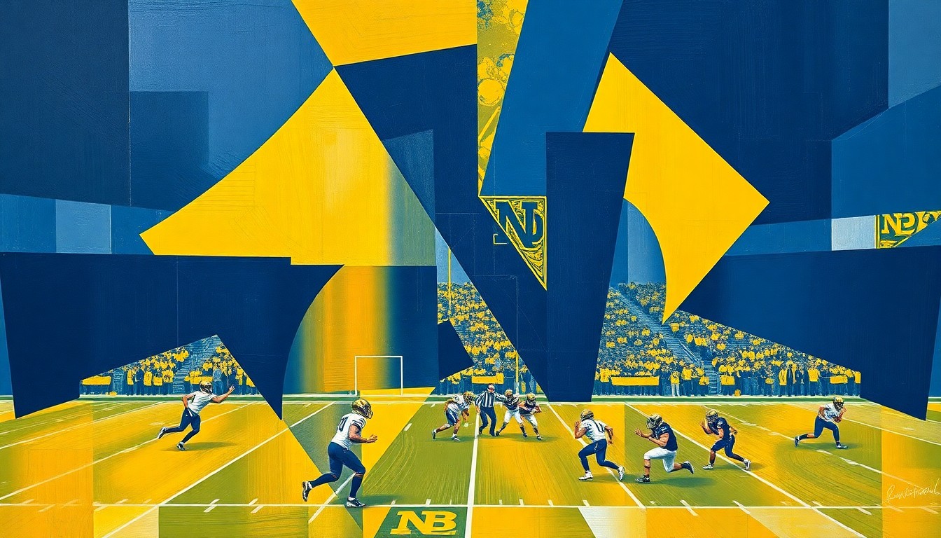 A fractured, abstract painting depicting a Notre Dame football game, with the players and field broken down into sharp, overlapping geometric shapes in navy blue and gold, conveying the intensity and determination of the team's 'revenge tour' season.
