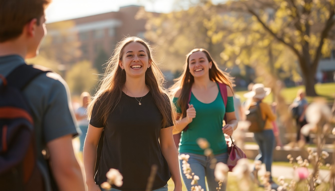 An abstract, blurred scene of students walking, playing, and socializing outdoors on a sunny day, with vibrant splashes of color and light creating a joyful, celebratory mood.
