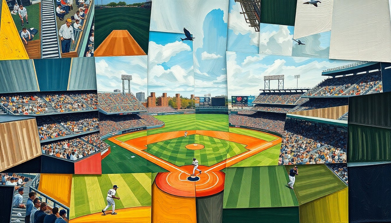 An abstract, cubist-style painting depicting the overlapping geometric shapes and planes of a minor league baseball game, with players' movements and the field's layout deconstructed into a vibrant, dynamic composition.