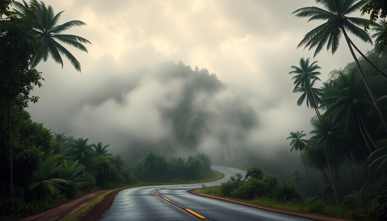 A sweeping, atmospheric landscape painting in muted greens, grays, and blues, depicting a partially obscured winding road surrounded by dense tropical foliage, conveying a sense of the overwhelming power of nature and the disruption caused by the storm damage.