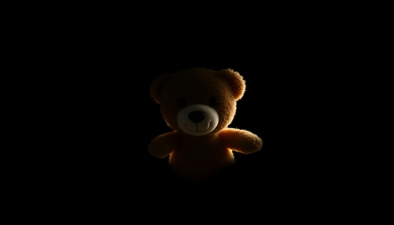 An extreme close-up photograph of a child's stuffed animal toy, its surface texture and details sharply illuminated by a harsh flash against a pitch-black background, conveying a somber, investigative mood without depicting any actual violence or victims.