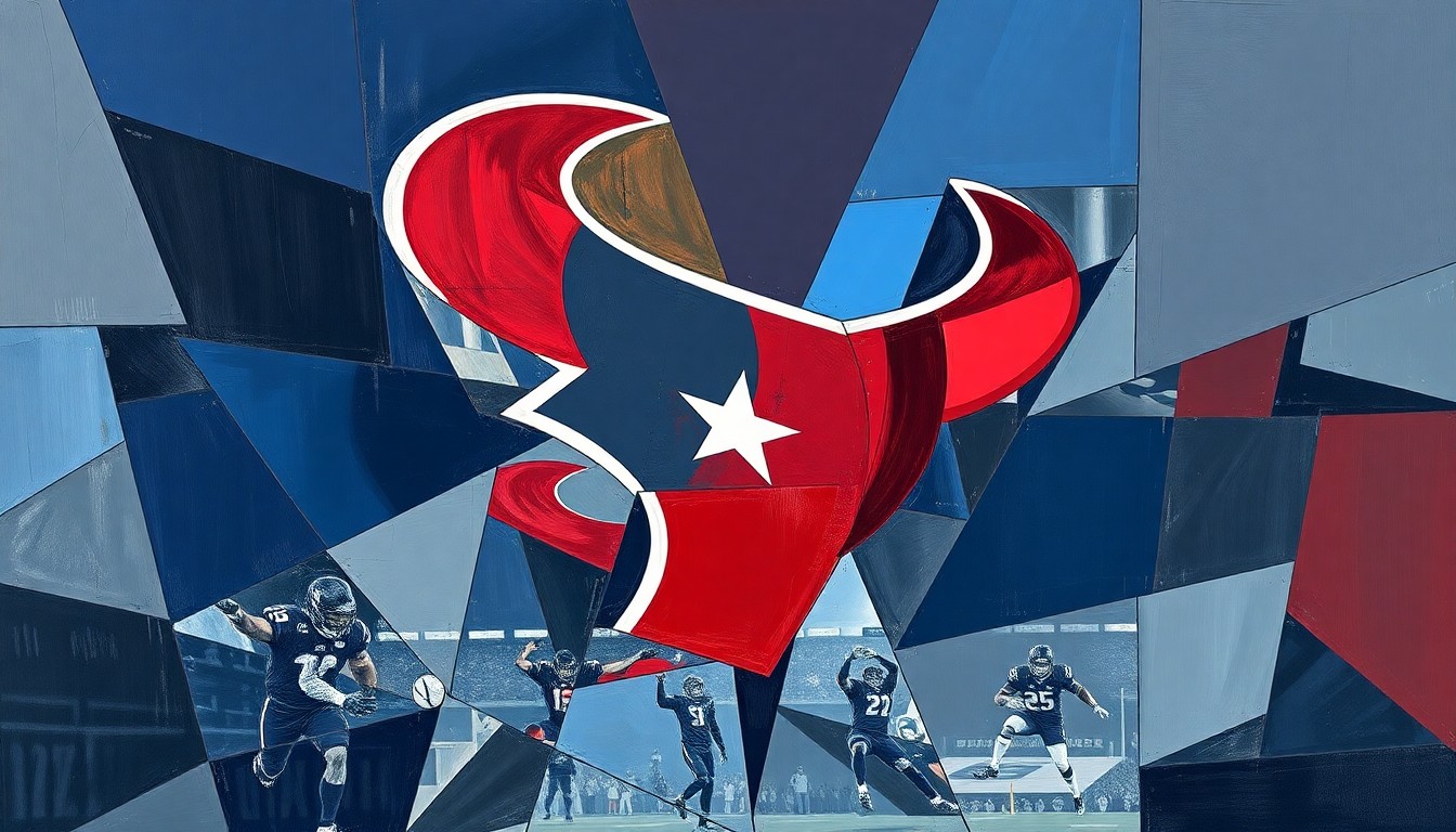 A fractured, multi-perspective painting in the style of Pablo Picasso, breaking down a football game or match into sharp, overlapping geometric planes in navy blue, battle red, and steel grey, capturing the raw energy and strategic complexity of the sport.