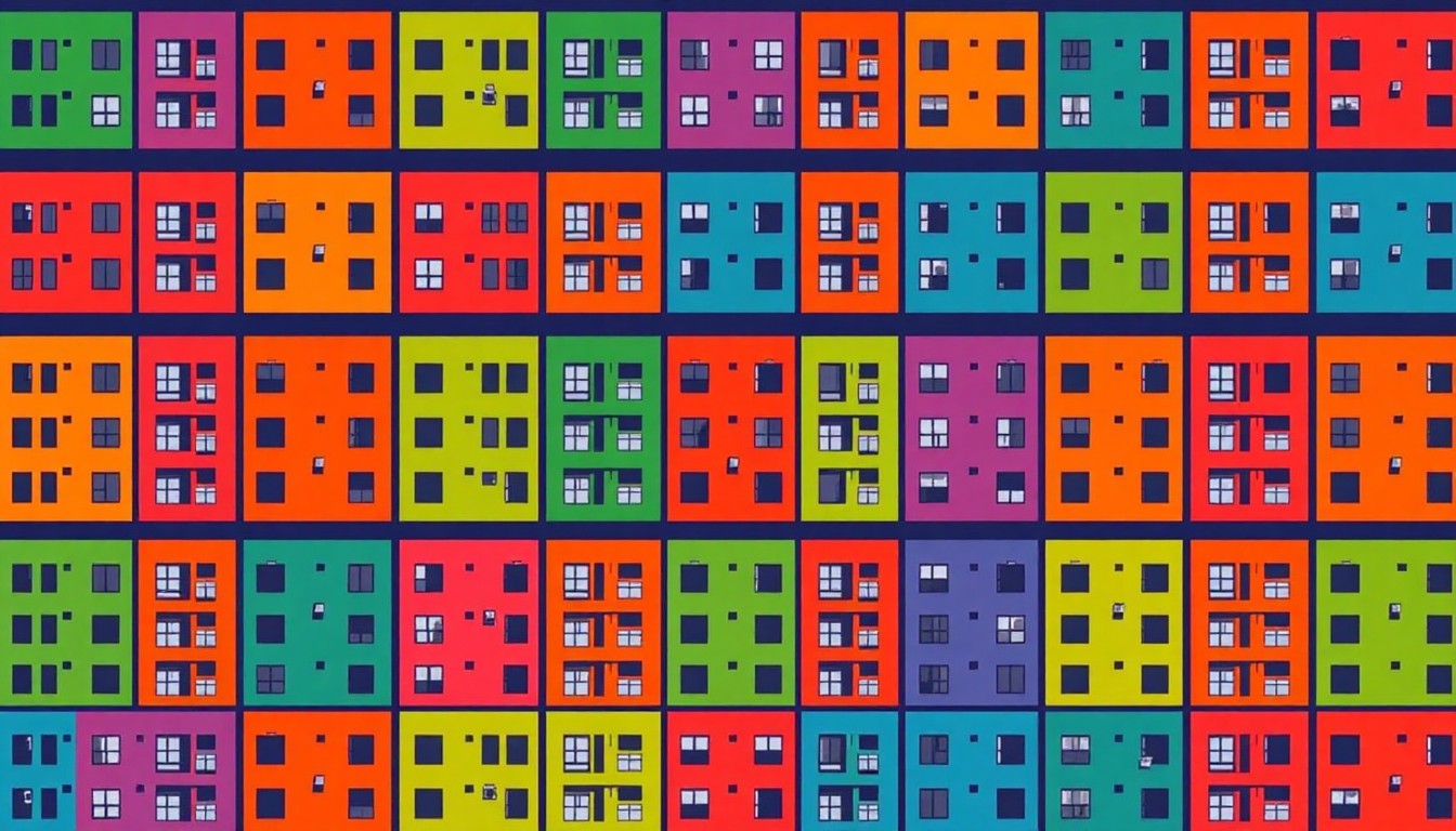 A bold, graphic illustration composed of a repeated icon of a simple apartment building in a grid, rendered in a vibrant color palette of greens, oranges, and blues, conceptually representing the challenges of affordable housing development.
