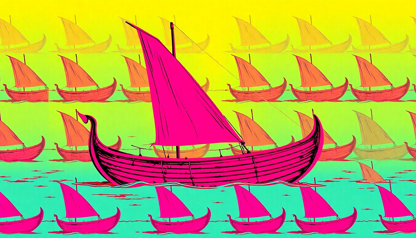 A bold, colorful silkscreen print featuring a repeated image of a makeshift Viking ship made of fencing and a bedsheet sail, conceptually representing the unexpected and imaginative landmark that briefly appeared in the Grand Junction desert.