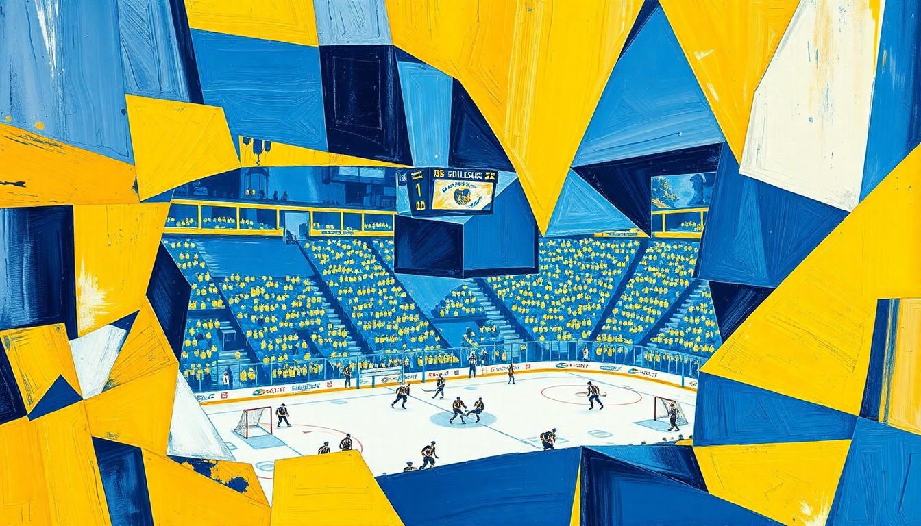 A cubist, geometric painting depicting a college hockey game, with the action fractured into overlapping planes of maize and blue, the colors of the University of Michigan.