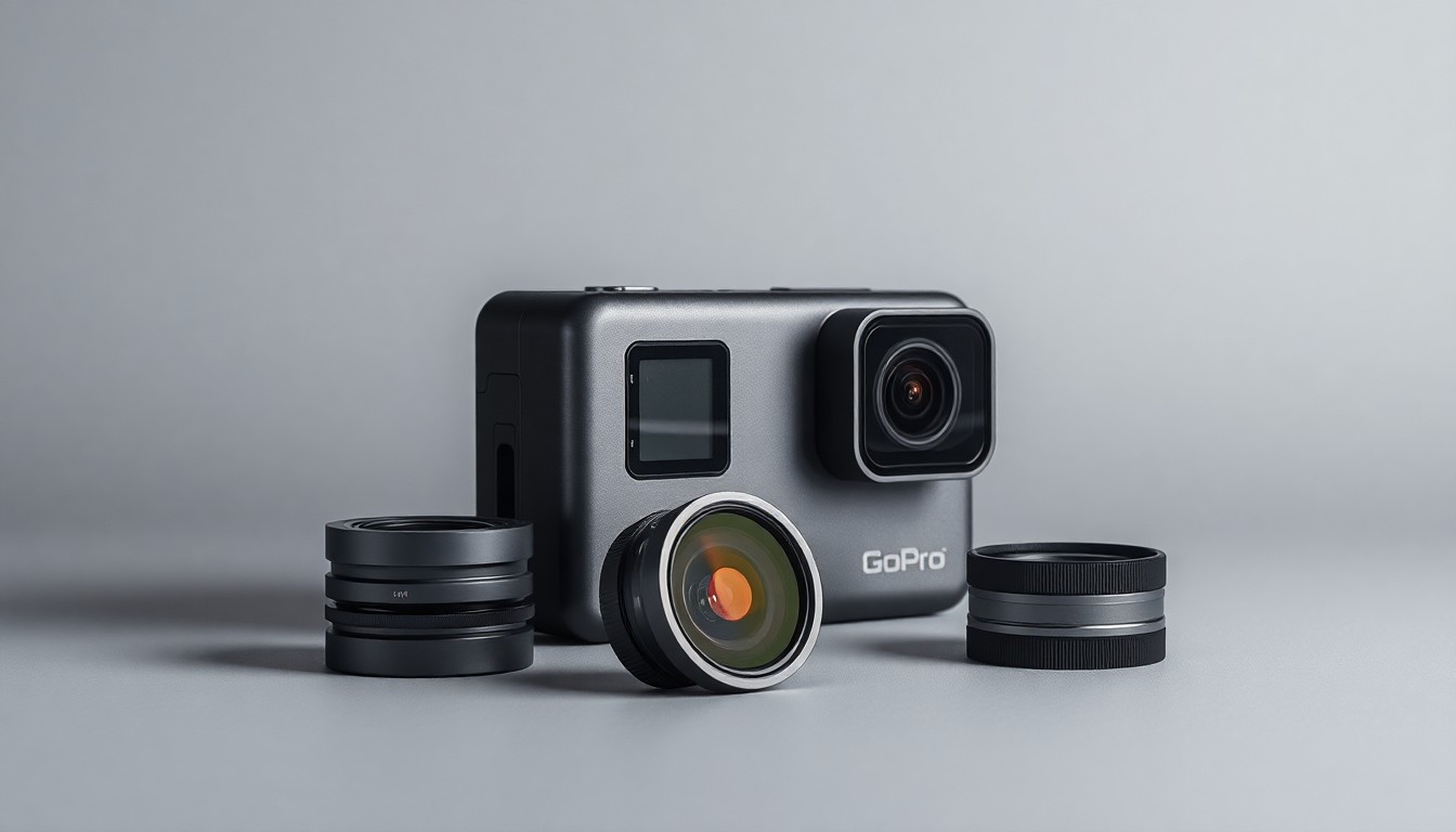 A high-end, photorealistic studio still-life photograph featuring a sleek, modern GoPro camera body and lens components arranged elegantly on a clean, monochromatic background, conceptually representing the company's corporate strategy and market transitions.