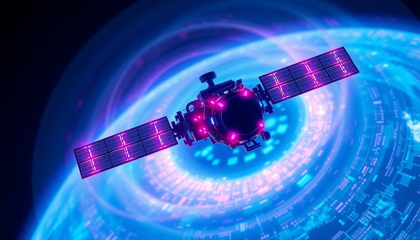A highly detailed, glowing 3D macro illustration of a satellite orbiting the Earth, emitting neon cyan and magenta lights that represent its advanced sensor capabilities. The satellite is surrounded by a swirling cloud of data, symbolizing the wealth of information it can gather about the physical world below.
