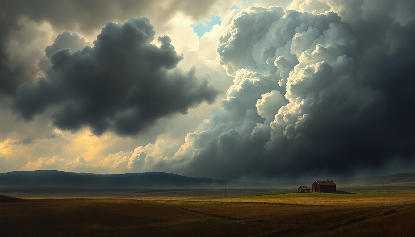 A sweeping, atmospheric landscape painting in muted tones of gray, blue, and green, with dramatic clouds and wind gusts dominating the scene and dwarfing any visible structures or objects.
