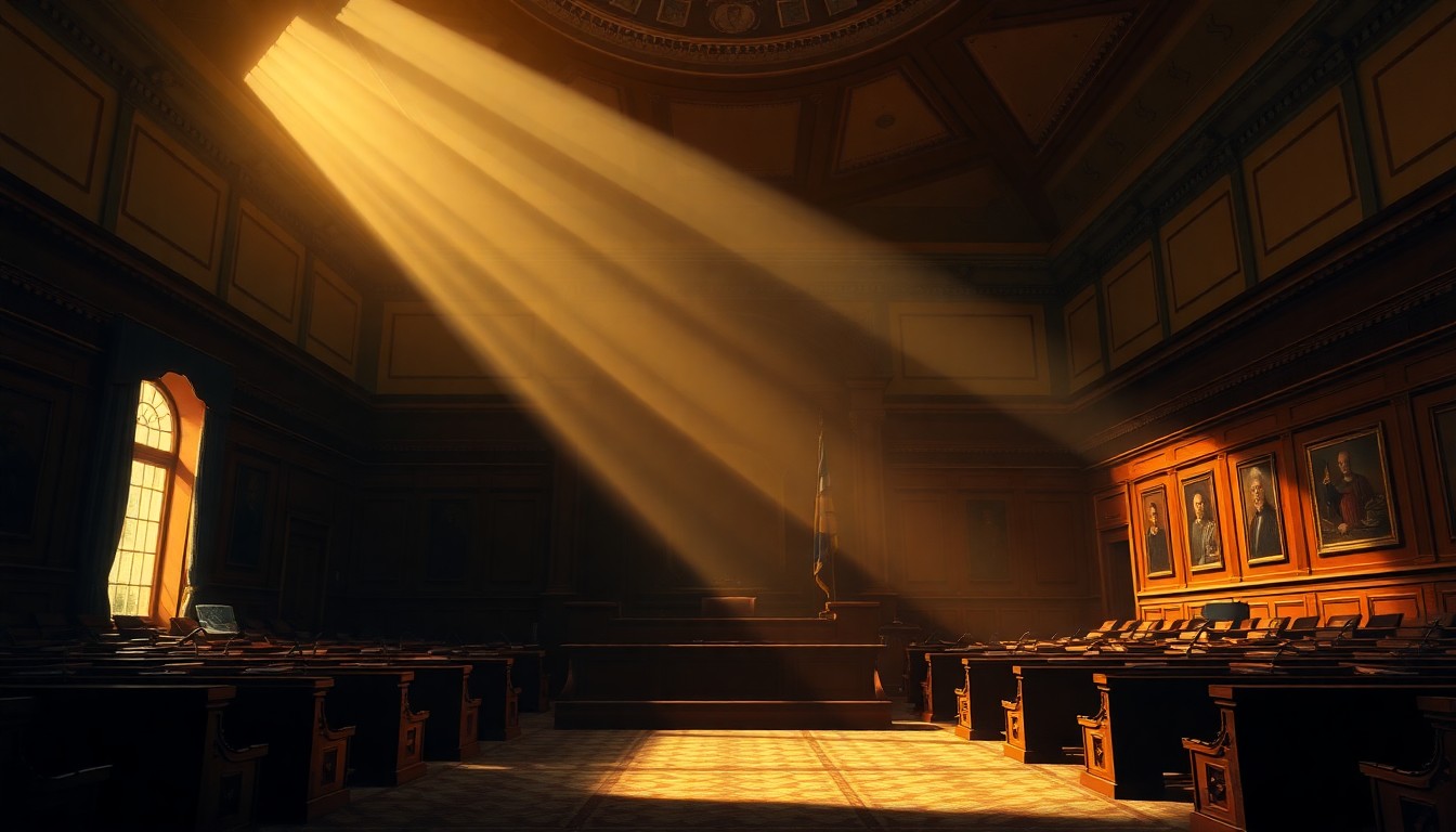 A dimly lit, cinematic interior space with warm, diagonal sunlight casting deep shadows, conveying a sense of political transition and uncertainty.