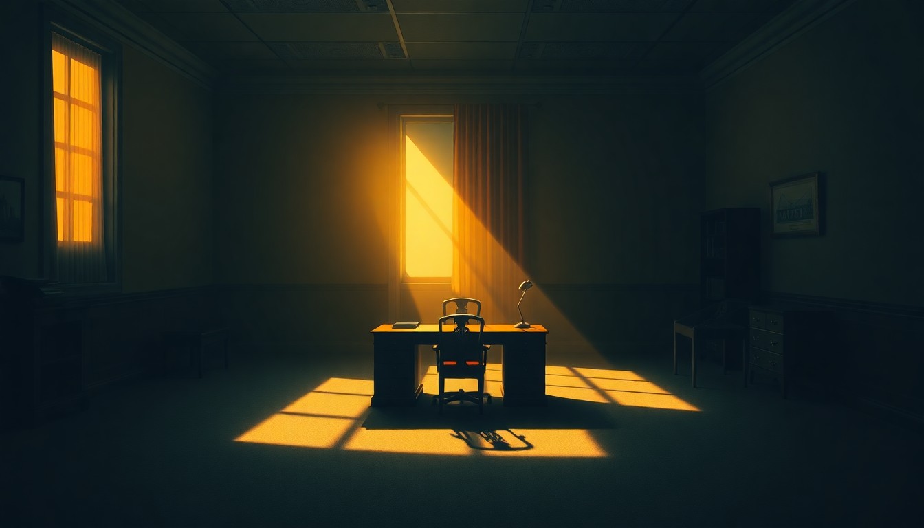 A dimly lit government office with a lone desk and chair, bathed in warm, diagonal sunlight and deep shadows, conceptually representing the high-stakes political battle for California's 7th Congressional District.