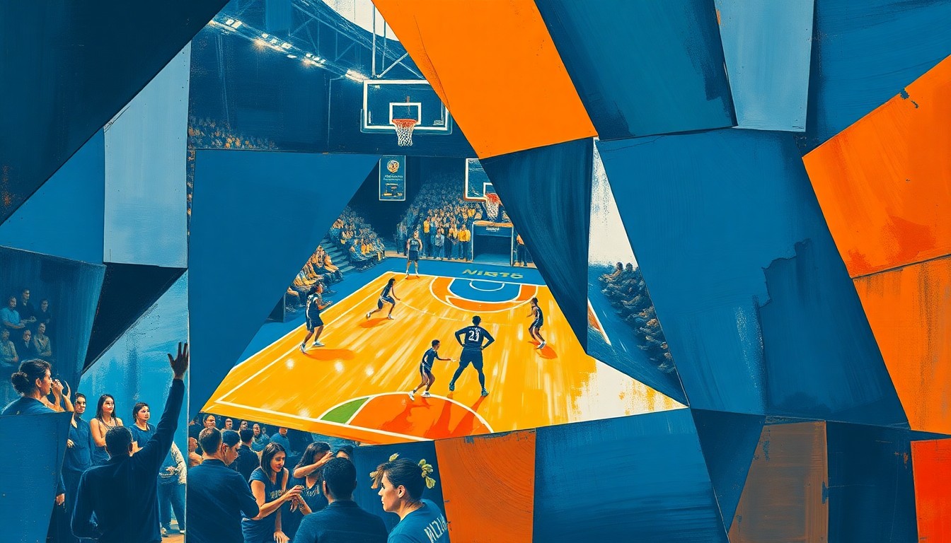 A fragmented, cubist-style painting depicting the dynamic movements and energy of a women's basketball game, with sharp geometric shapes and planes in navy, orange, and white colors.