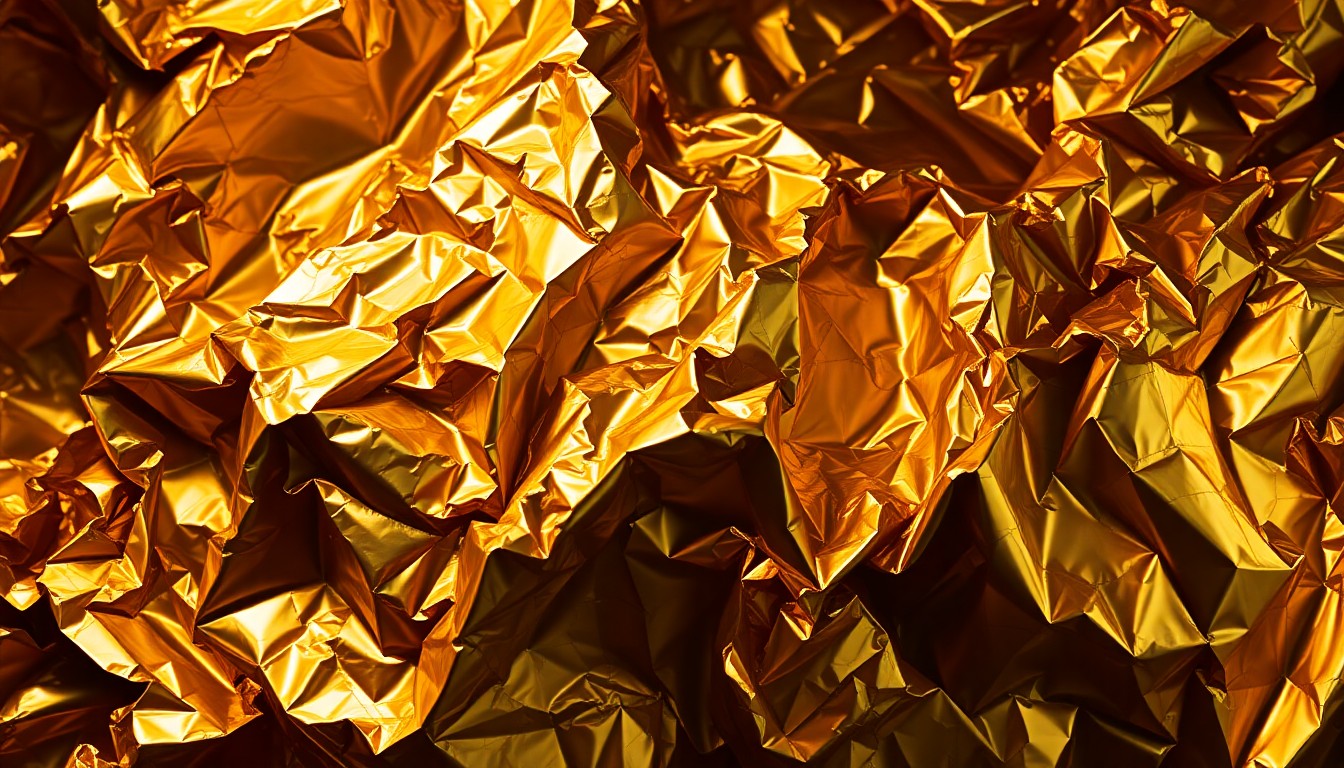 An extreme close-up of a highly textured, shimmering gold foil surface, conceptually representing the spectacle and behind-the-scenes complexity of a major international sporting competition.