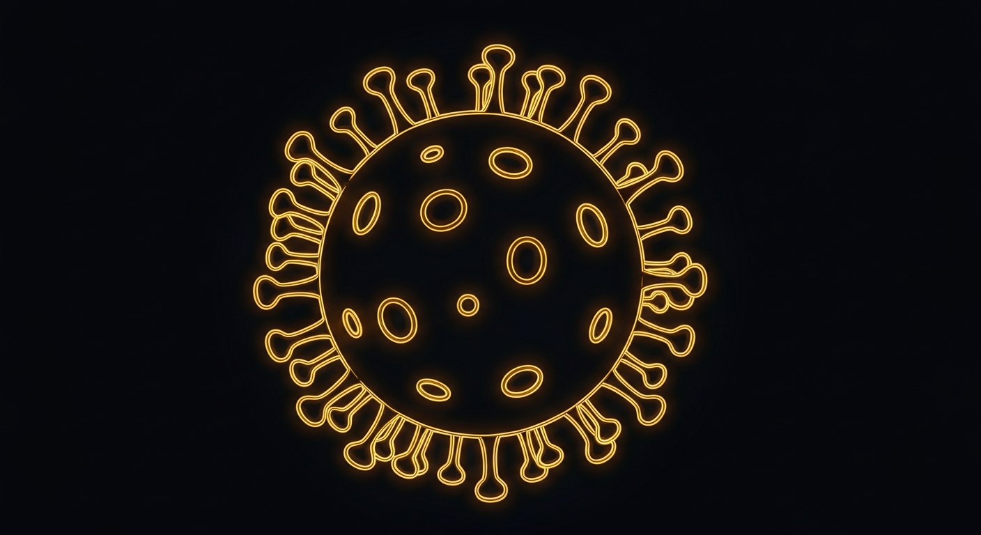 A minimalist design in the style of Keith Haring where the measles virus particle is defined entirely by vibrant neon lines against a deep, dark background, emphasizing the shape and electricity of the infectious agent.