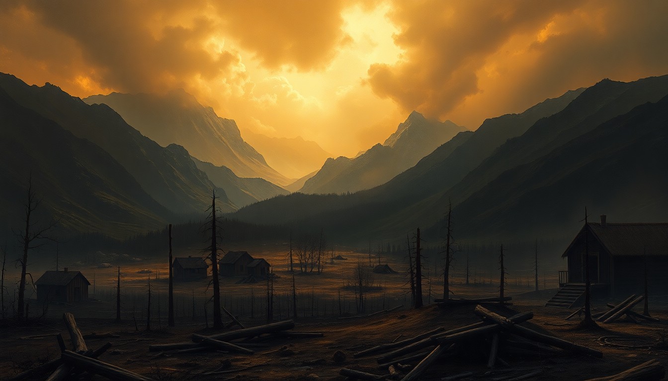 A vast, atmospheric landscape painting depicting a wildfire-scarred terrain, with the remnants of charred trees and structures dwarfed by the expansive, melancholic environment.
