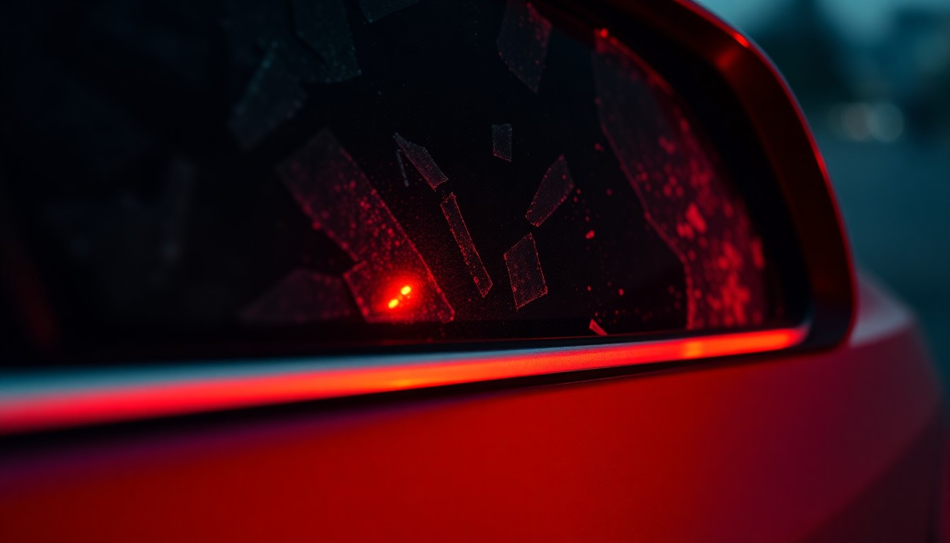 An extreme close-up photograph of a shattered car side mirror reflecting a faint red light, conceptually illustrating the aftermath of a fatal collision caused by an intoxicated driver.